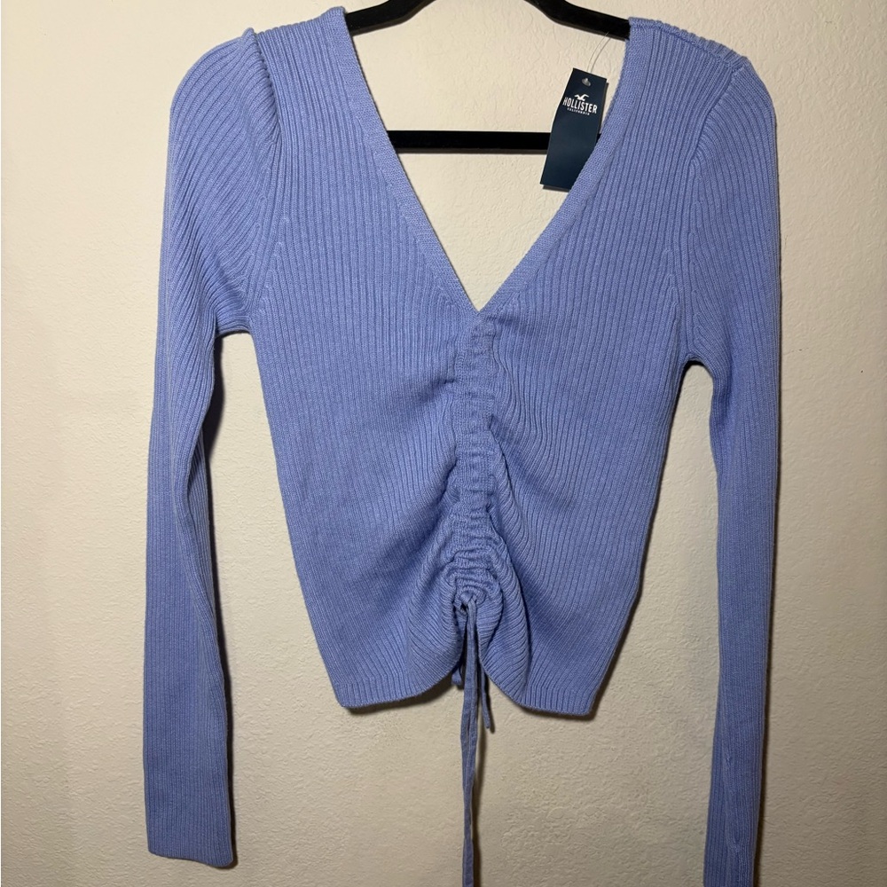Hollister Blue Ribbed Ruched V-Neck Sweater
